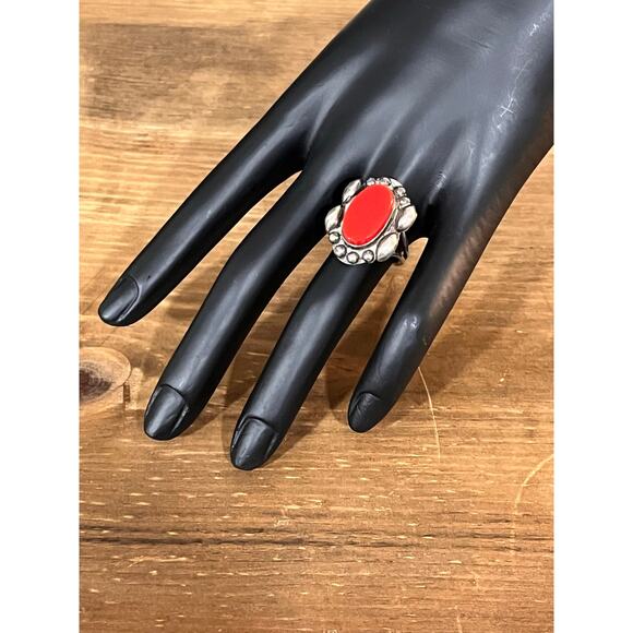 Vintage Beau Sterling Red Glass Cabochon Ring Size 6 Adjustable Mid Century - Picture 4 of 9